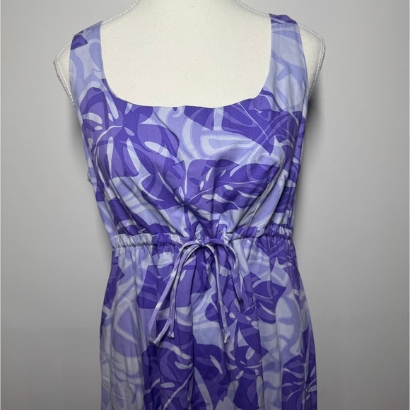 Puanani Dress Women Size M Purple Floating Monstera Empire Tie Front Hawaiian - Picture 3 of 8